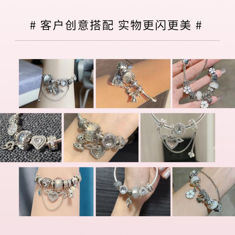 PANDORA 银质开口手镯潘多拉流行标志固定珠轻奢感手串
