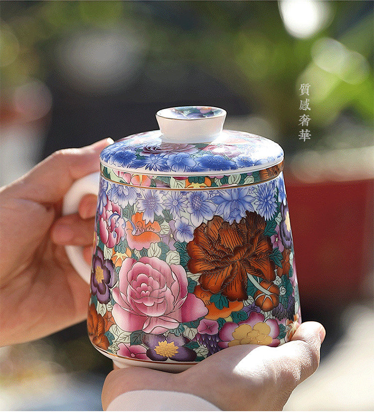 马克杯景德镇珐琅彩老板杯手工陶瓷办公水杯家用送礼带盖过滤茶杯