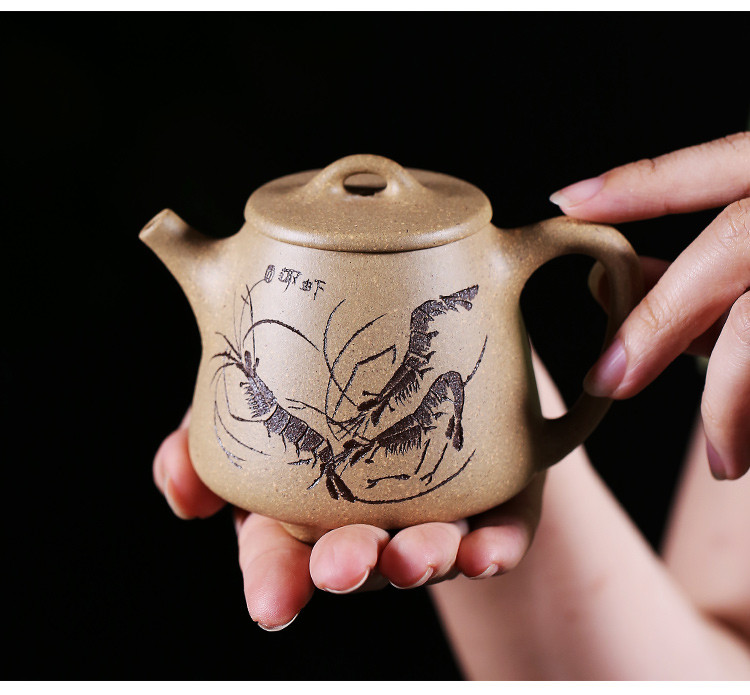 杜成平宜兴段泥刻绘虾趣高石瓢壶养生壶泡茶壶手工名家茶具紫砂壶