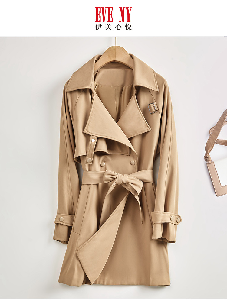 2021秋季新款长袖翻领外套时尚袖袢腰带显瘦通勤风衣女中长款