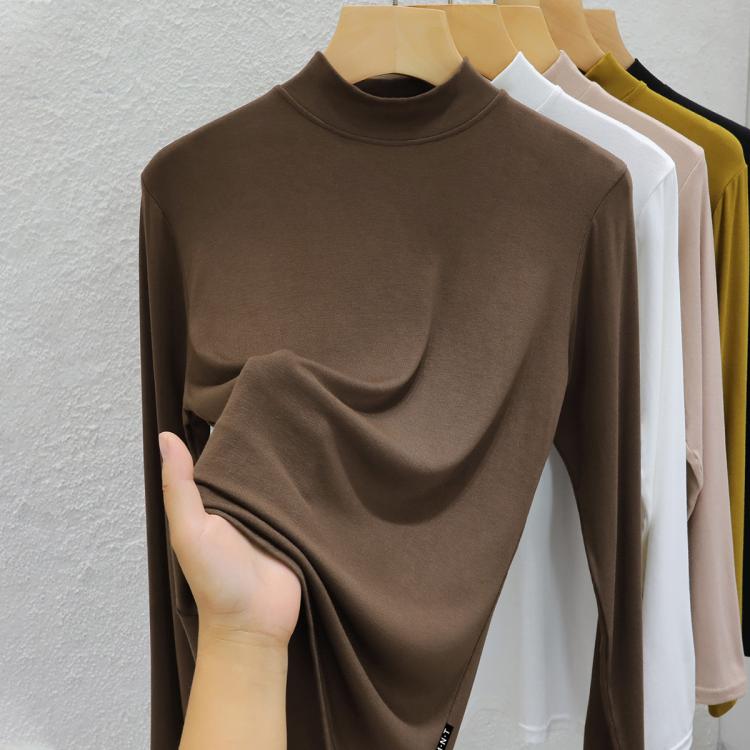 莫代尔 洋气打底衫女内搭西装秋冬季白色小立领半高领修身长袖T恤上衣