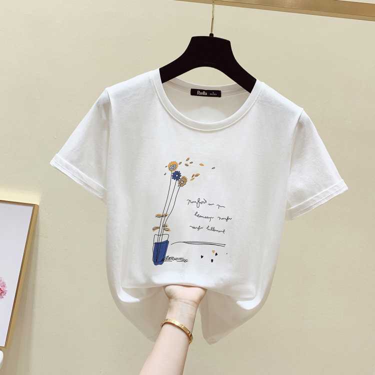 Puella 拉夏贝尔旗下2021春季新品女款印花T恤纯棉圆领短袖上衣