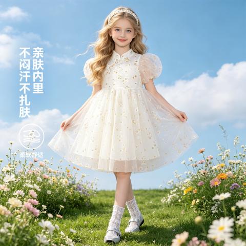 迪士尼 女童夏季中国风汉服裙中大童透气碎花连衣裙儿童泡泡袖收腰礼服裙 图片 5