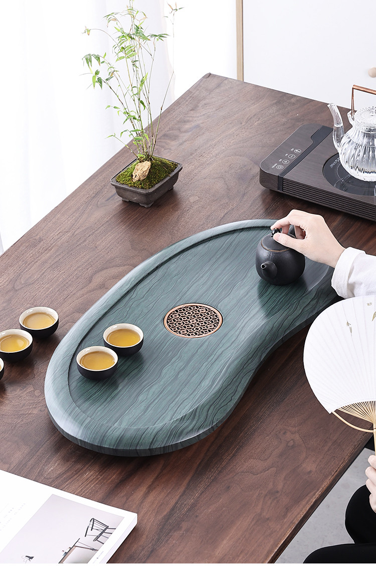 整块天然木纹石茶盘现代中式简约家用办公室异形茶台木纹石头茶海