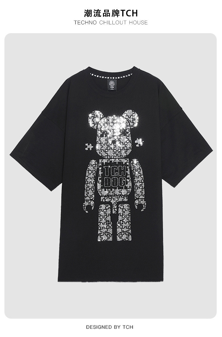 轻奢潮牌2021夏季男式t恤拼图机器熊烫钻黑色t恤男女同款