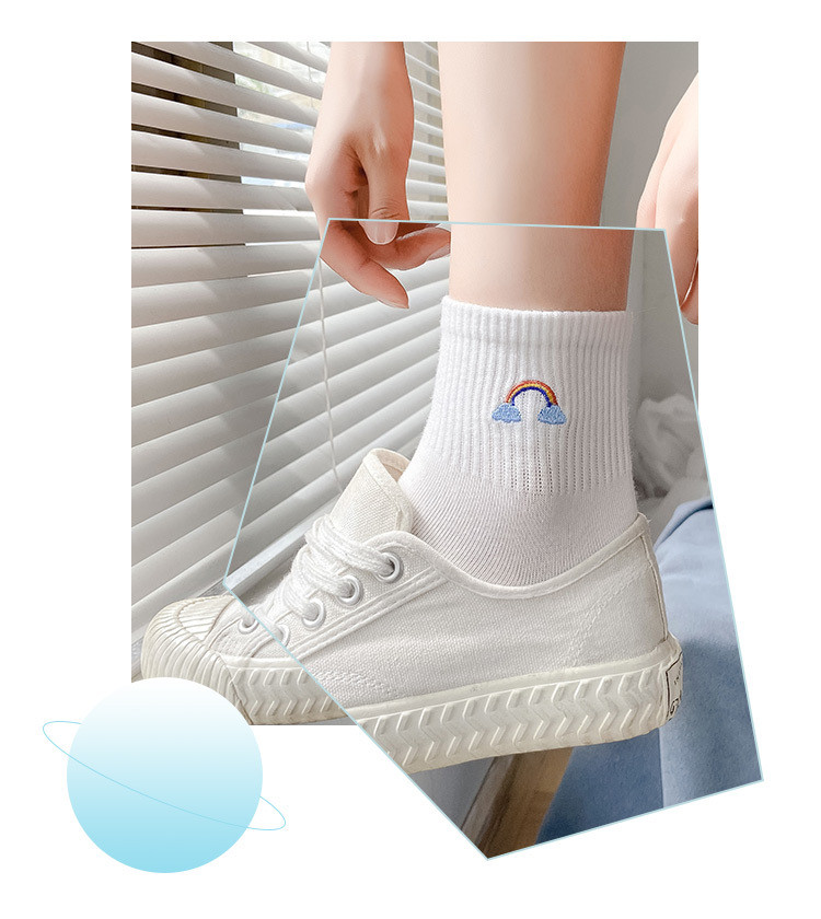 白色袜子女ins潮中筒袜棉秋季薄款彩虹刺绣堆堆袜学生运动袜