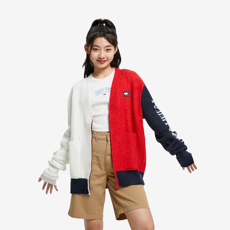 Tommy Hilfiger Tommy Jeans 女潮流拼色刺绣拉链v领宽松针织开衫外套14280 In Multi