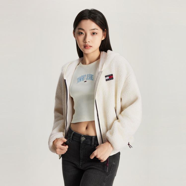 Tommy Hilfiger Tommy Jeans 秋女舒适仿羊羔绒刺绣连帽拉链开衫卫衣外套mp902 In White