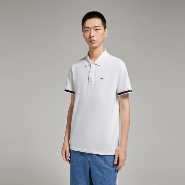 Tommy Hilfiger Tommy Jeans 23男珠地网眼螺纹提花拼色袖口合身短袖polo衫15751 In White