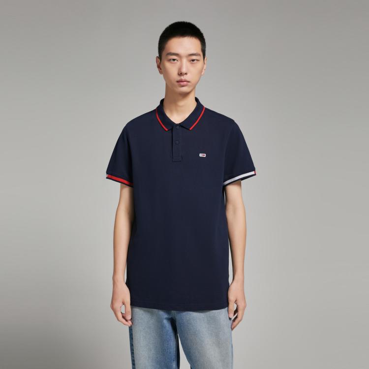 Tommy Hilfiger 【舒适珠地棉】tommy Jeans 春夏男女撞色镶边刺绣polo衫12963 In Blue