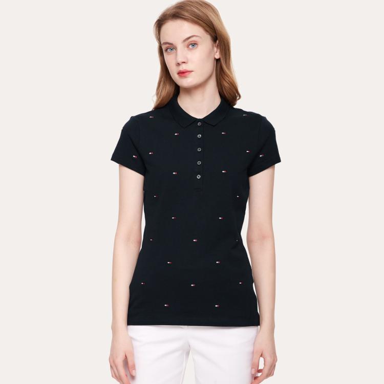 Tommy Hilfiger 女装珠地棉刺绣旗标修身显瘦翻领短袖polo衫27948 In Black