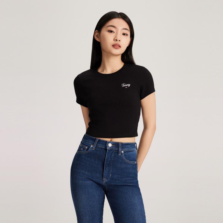 Tommy Hilfiger 【辣妹短款】tommy Jeans 24春夏女美式螺纹弹力修身短袖t恤17986 In Black