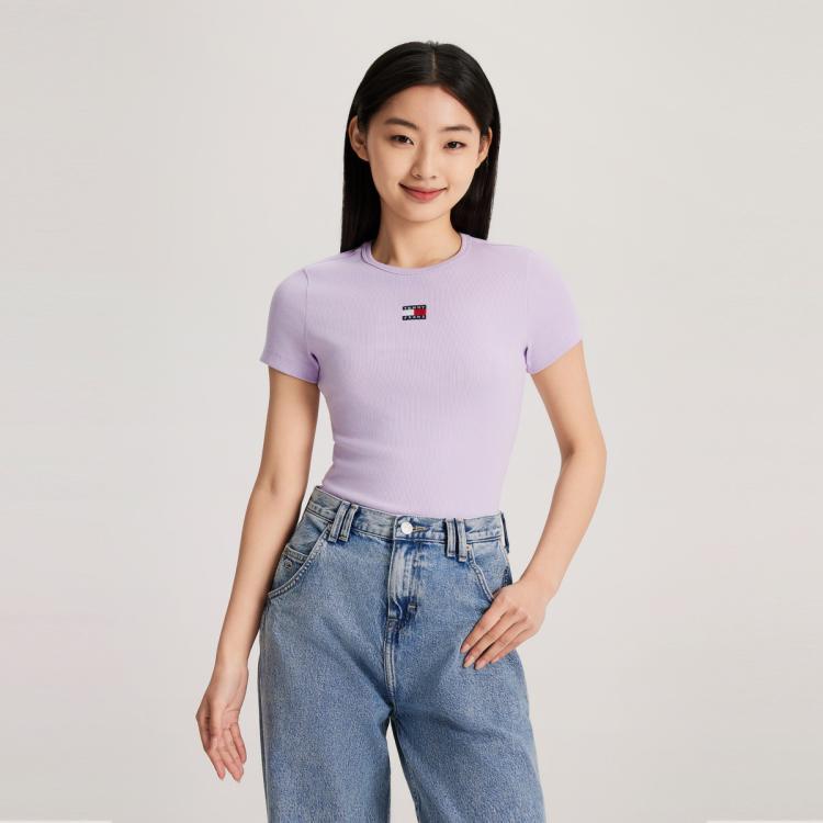 Tommy Hilfiger 【弹力修身】tommy Jeans 秋女螺纹刺绣打底针织短袖上衣17881 In Purple