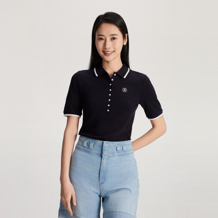 Tommy Hilfiger 【莱赛尔微弹】tommyhilfiger 春夏女镶边刺绣短袖t恤polo衫41288 In Black