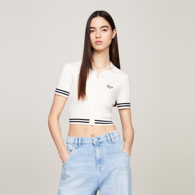 Tommy Hilfiger 【辣妹短款】tommy 24春秋女拼色刺绣肌理翻领针织开衫17761 In White