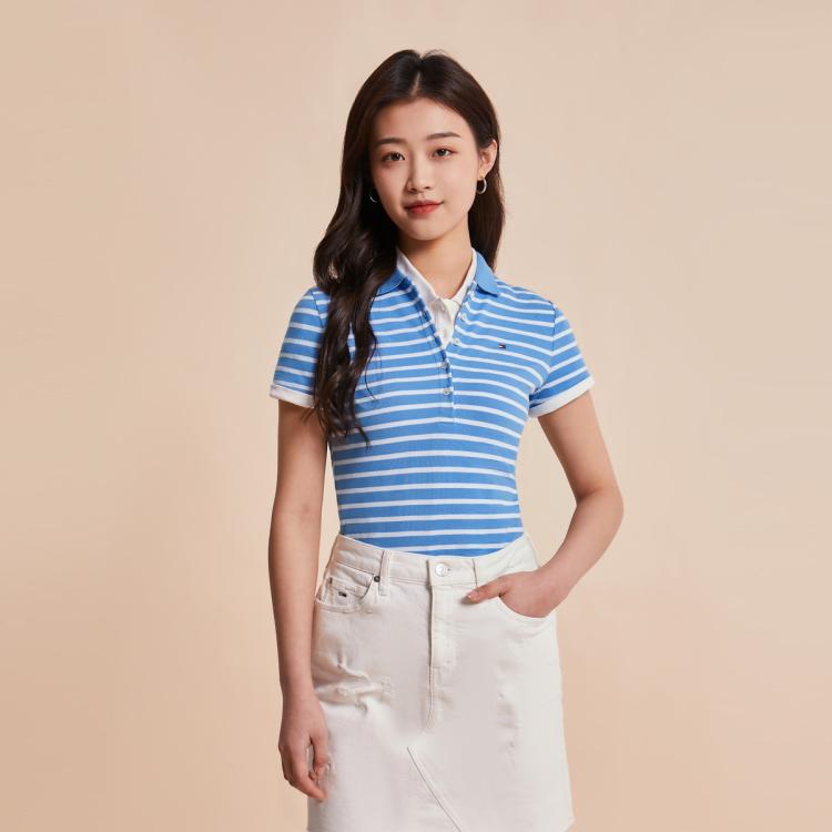 Tommy Hilfiger 女清爽通勤条纹小绣标微弹修身短袖polo衫76j3639 In Blue