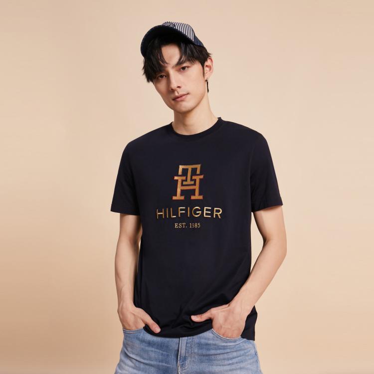 Tommy Hilfiger 男装纯棉简约重工字母刺绣舒适合身短袖t恤30071 In Black