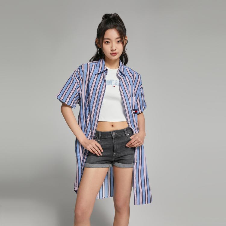 Tommy Hilfiger Tommy Jeans 女装美式纯棉府绸条纹刺绣宽松衬衫外套连衣裙15186