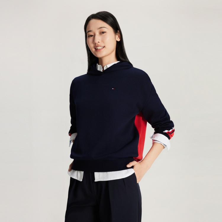 Tommy Hilfiger 女美式街头拼色小绣标加绒运动连帽套头卫衣j2063 In Black