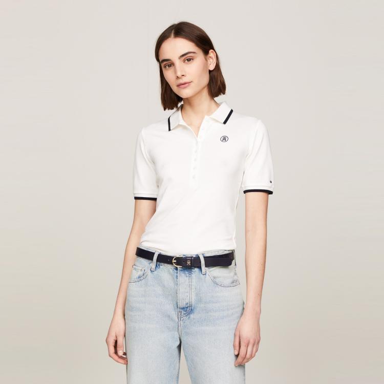 Tommy Hilfiger 【莱赛尔微弹】tommyhilfiger 春夏女镶边刺绣短袖t恤polo衫41288 In White