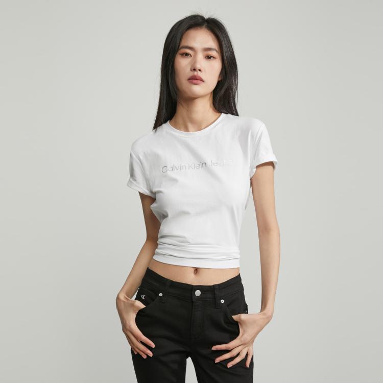 Calvin Klein Ck Jeans夏季女士通勤经典字母印花舒适微弹圆领短袖t恤j213892 In White