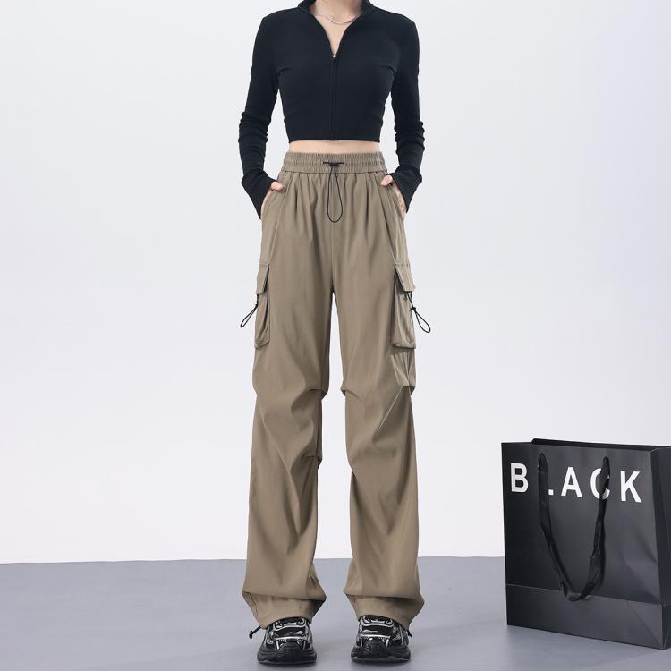 町缇 【多裤长】美式窄版工装裤女款春秋高腰抽绳两穿可束脚直筒运动裤