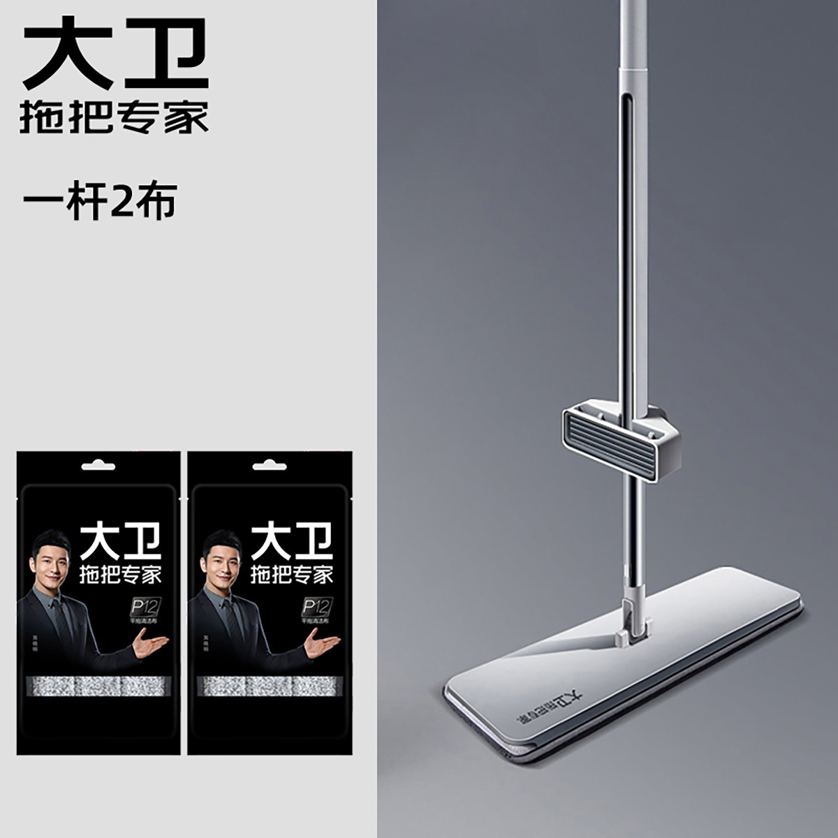 大卫 拖把家用免手洗一体杆加厚三层大拖布5层刮污P12 2块
