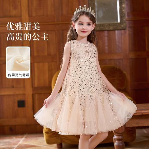 迪士尼 女童宝宝公主裙夏季中大童网纱亮片无袖连衣裙高级感洋气 图片 3