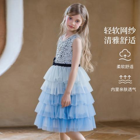 迪士尼 冰雪奇缘艾莎网纱公主裙女童2026夏季新款儿童大童连衣裙裙子 图片 2