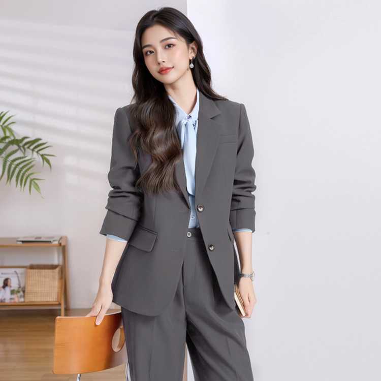 唐娜姿兰 职业通勤灰色长袖西装套装女2026春季新百搭西服阔腿裤两件套