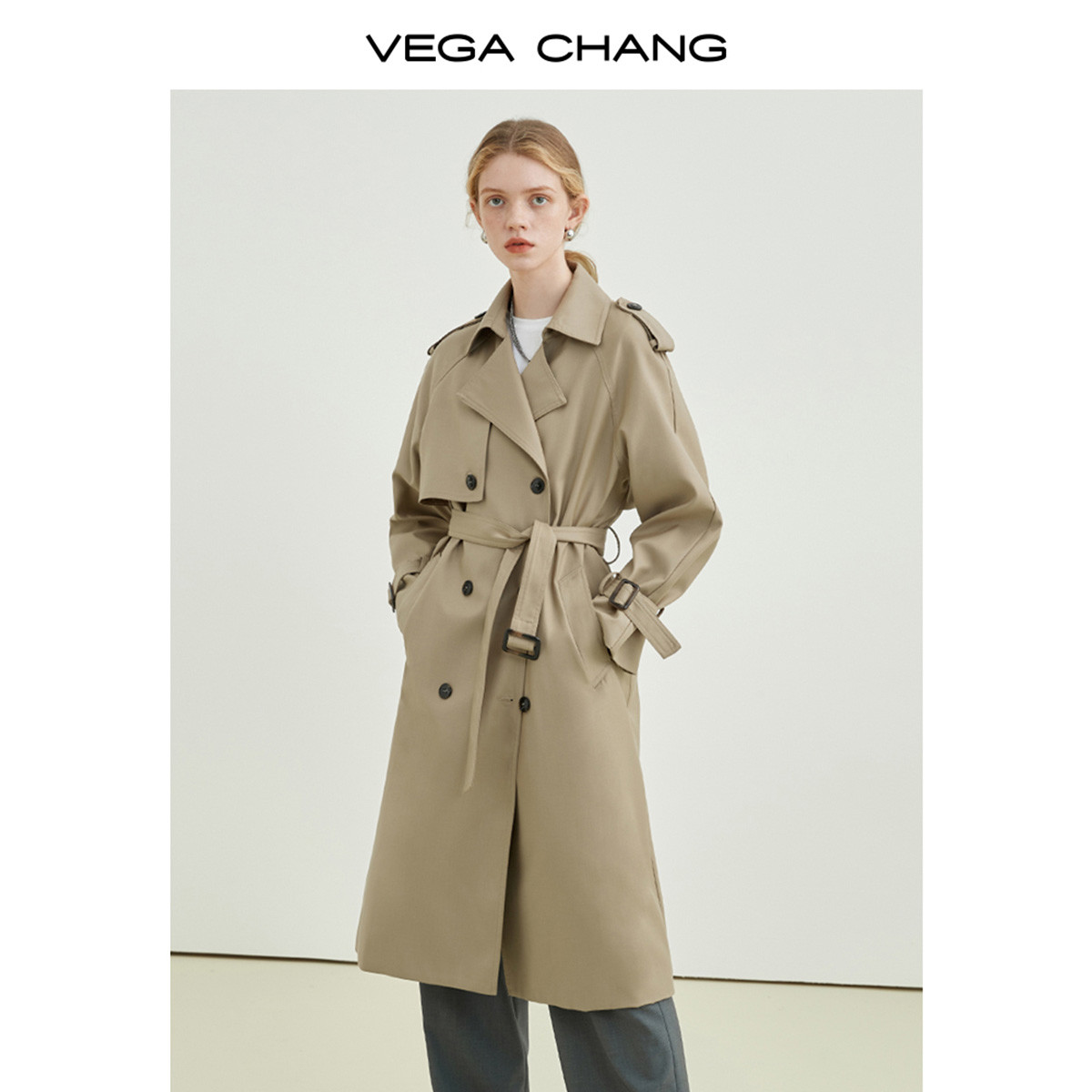 VEGA CHANG 卡���色风衣女春秋款韩版中长款大衣垂感休闲外套