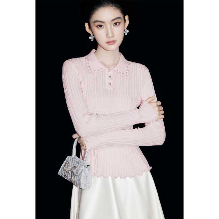 MANDY ZHANG 白色轻奢翻领polo针织衫女秋季气质绵羊毛套头上衣