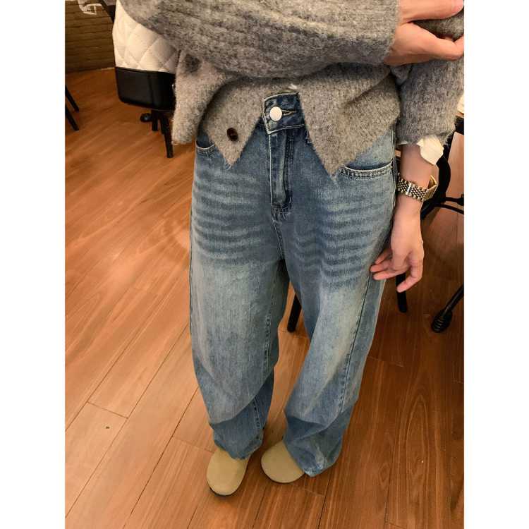 曾小咸 复古洗水蓝牛仔裤女春秋季通勤高腰显瘦休闲直筒阔腿梧桐裤长裤