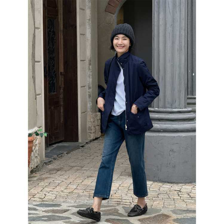 LANGQING TONG 深蓝色收腰立领夹克外套女2026新款春季设计感抽绳开衫上衣