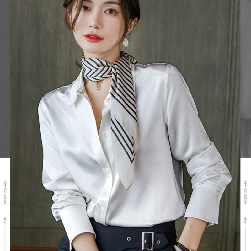 悦戎 35姆米重磅真丝桑蚕丝素绉缎衬衫女春秋长袖缎面衬衣时尚上衣