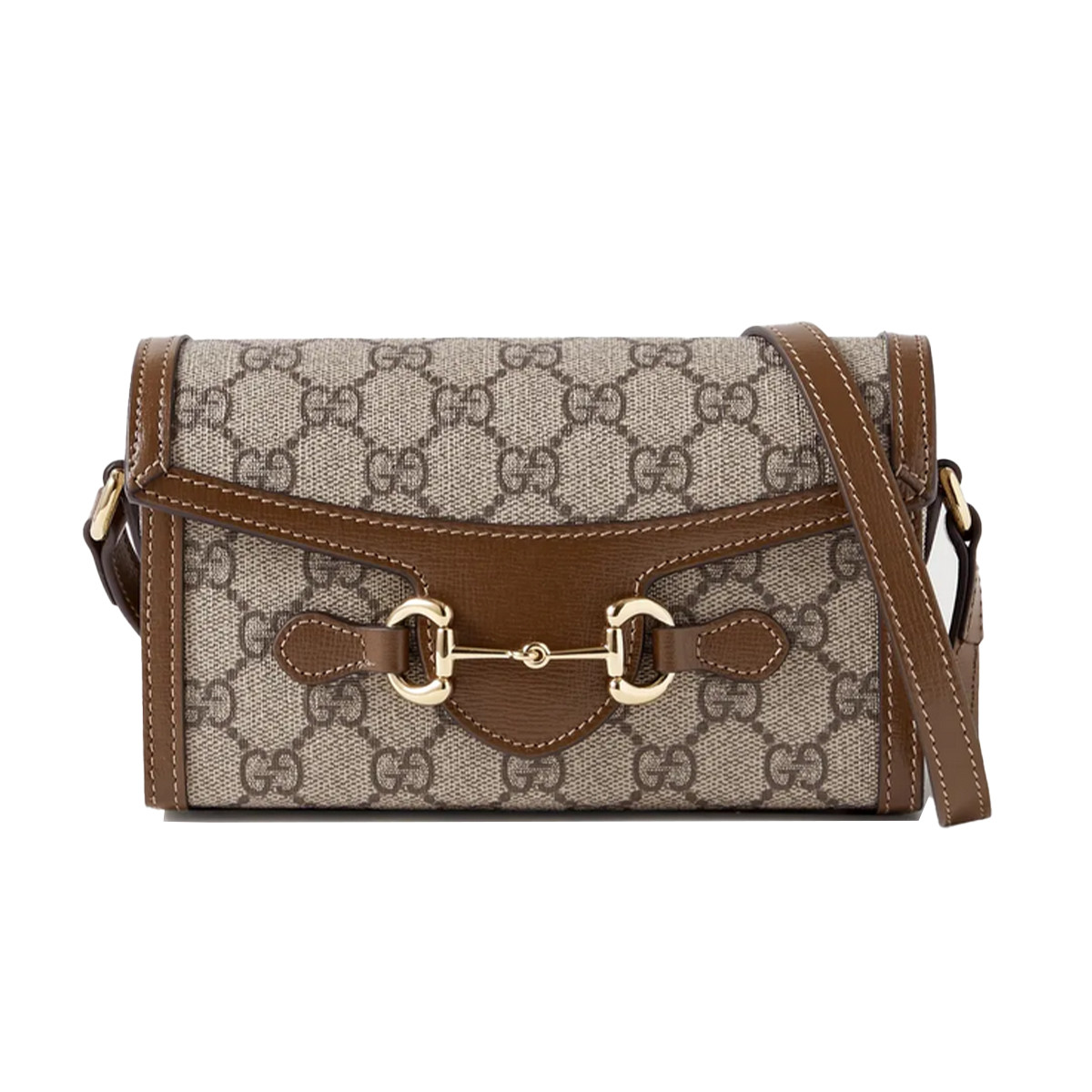 GUCCI 【棕色皮革镶边】男女休闲双G老花1955迷你单肩斜挎包
