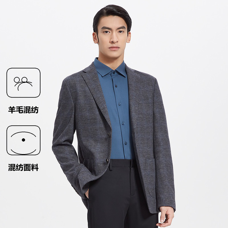 七匹狼 专柜同款男士秋季商务休闲西装领格纹正装单西男式西服