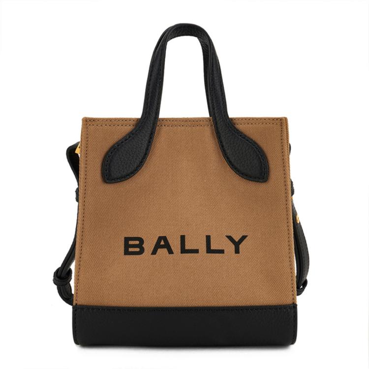 Bally 女士帆布拼皮logo印花迷你单肩手提购物袋 In Brown