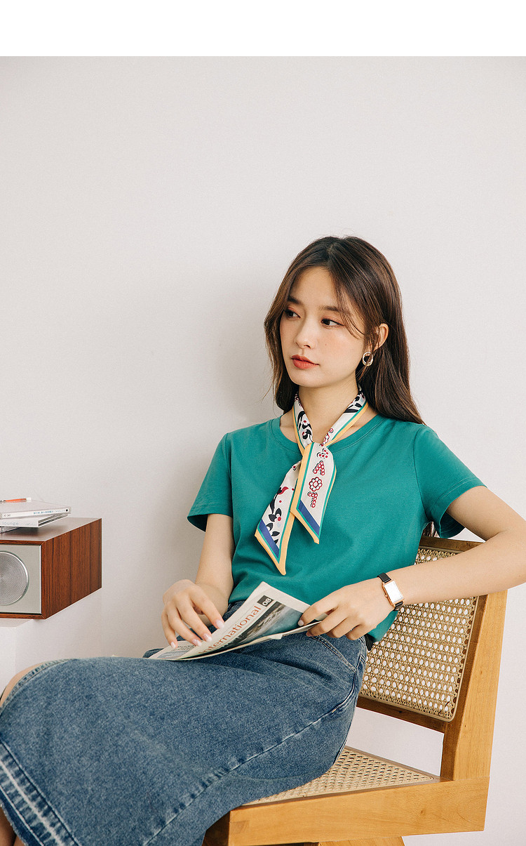 夏季特卖休闲纯色百搭短袖t恤女复古风丝巾领带棉质简约