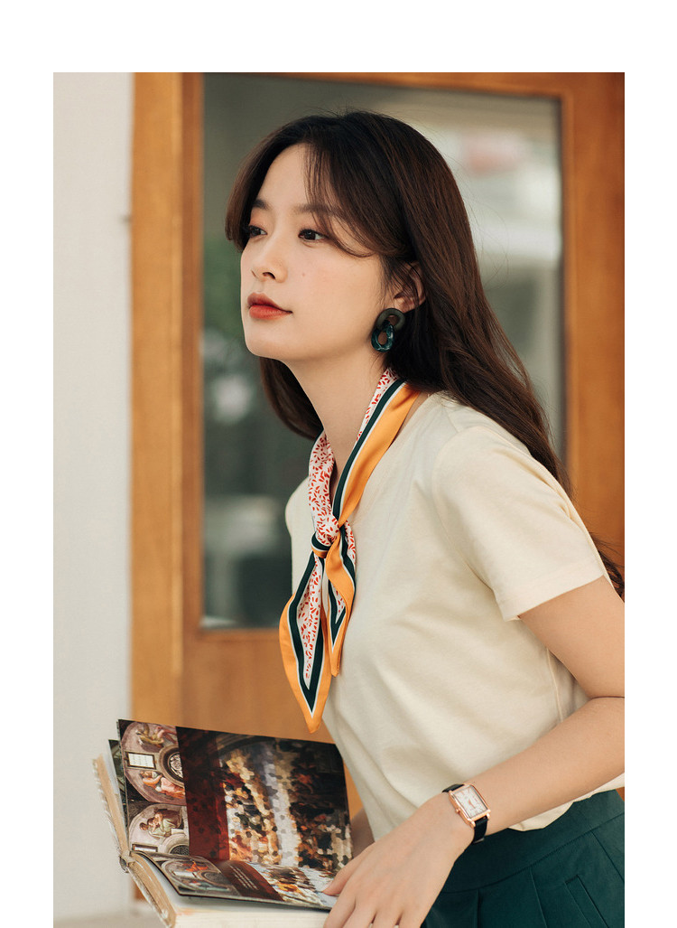 夏季特卖休闲纯色百搭短袖t恤女复古风丝巾领带棉质简约