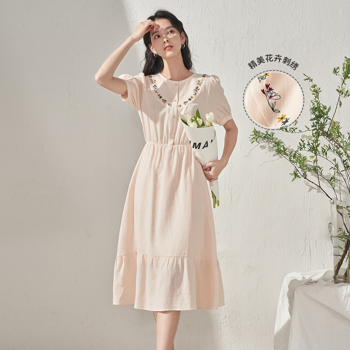 特卖】夏季泡泡袖圆领绣花小清新显瘦文艺a字伞裙连衣裙子--唯品会