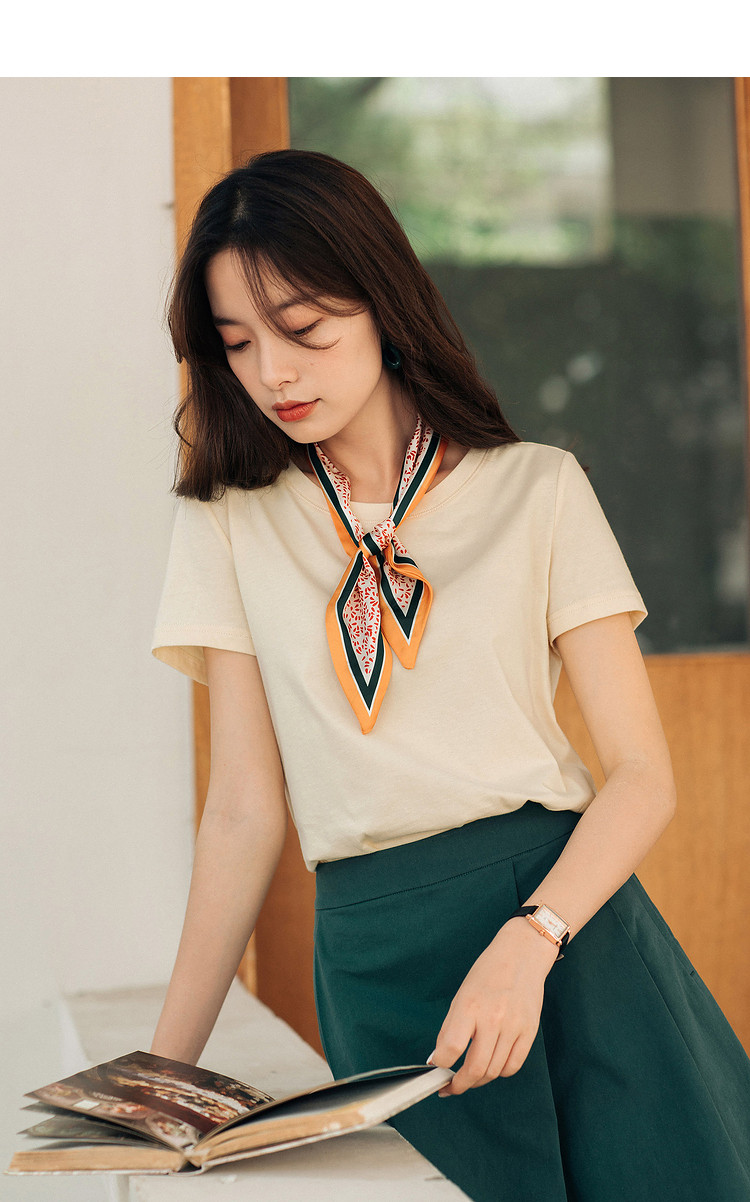 夏季特卖休闲纯色百搭短袖t恤女复古风丝巾领带棉质简约
