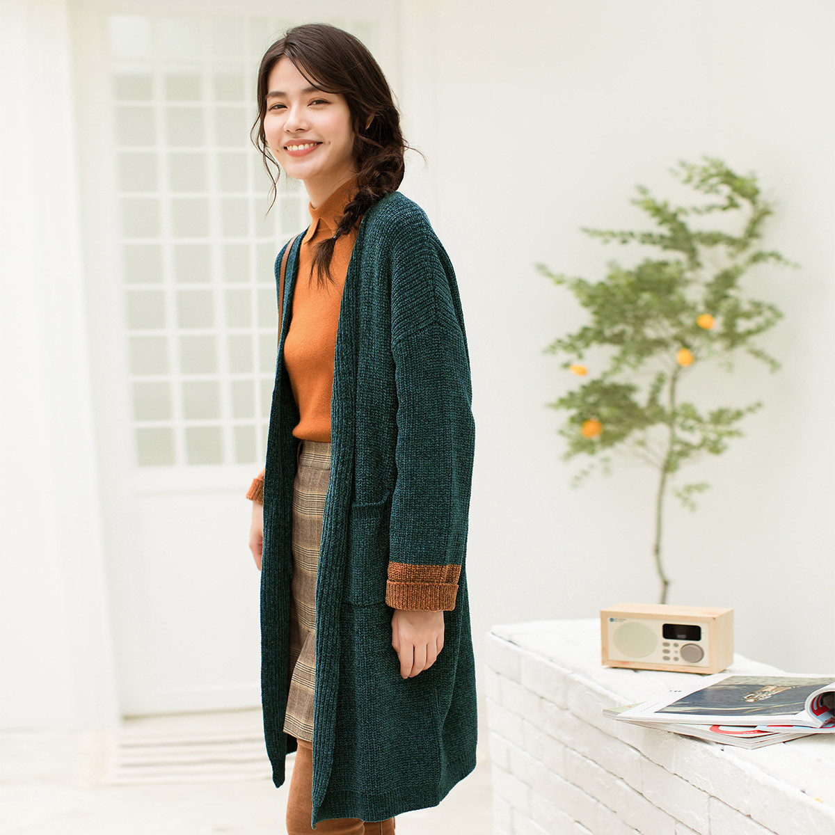 茵曼2018冬装新款宽松落肩长袖长款毛衣开衫外套女