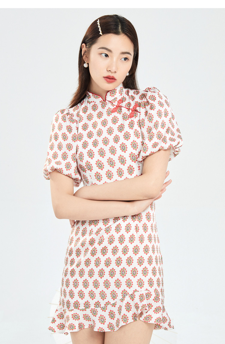 旗袍连衣裙女年轻复古中高旗袍领荷叶边俏皮鱼尾裙雪纺连衣裙女夏