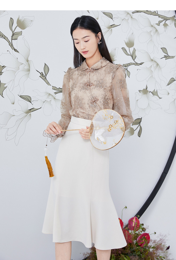 【2021冬季新款】国风元宝领斜门襟手工金丝盘扣旗袍式衬衫女