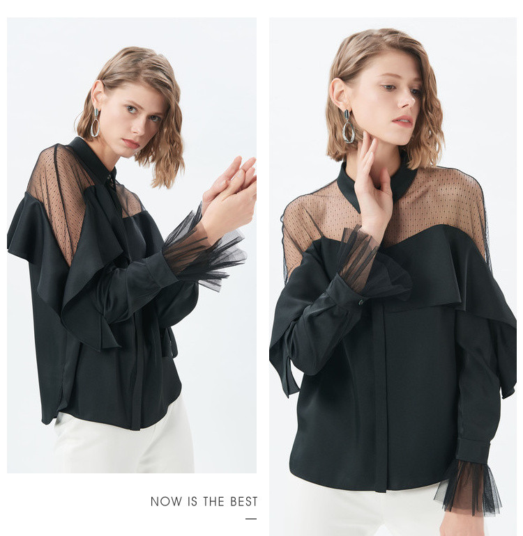 春翻立领透视网纱拼接荷叶花边喇叭长袖雪纺衫