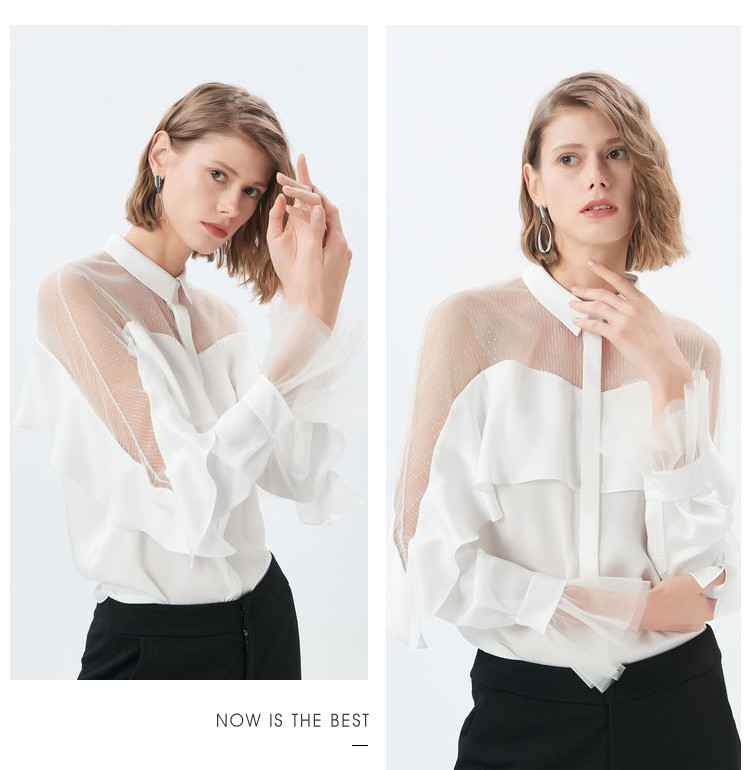 春翻立领透视网纱拼接荷叶花边喇叭长袖雪纺衫