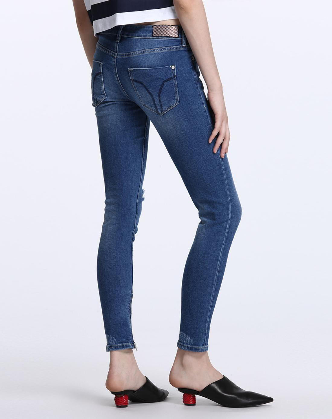 棉质低腰破洞超紧身牛仔长裤