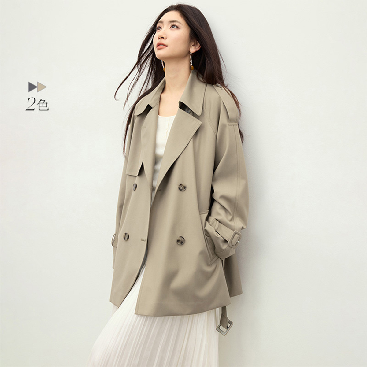 红袖 周也代言红袖2026春季女装复古双排扣系带翻驳领一手长风衣