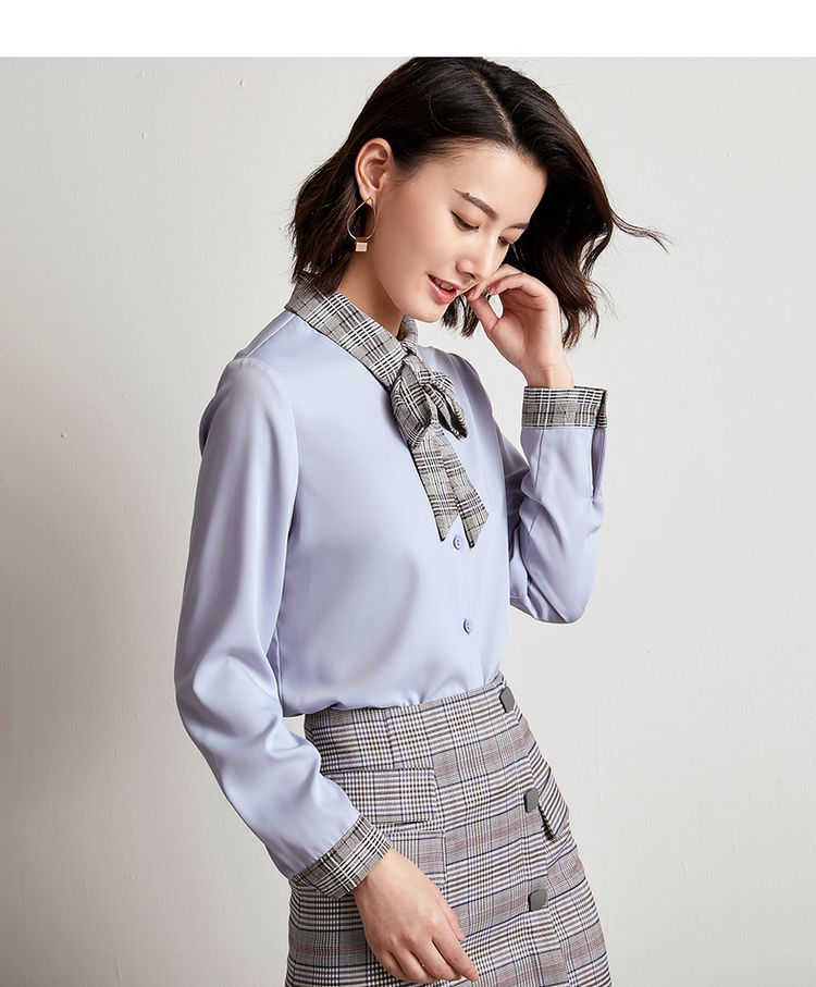 时尚格子拼接雪纺衬衫女2018夏季新款粉色气质职业休闲女式长袖衬衣